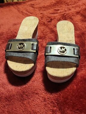 Michael Kors Black Slide Sandals with Gold MK Accent